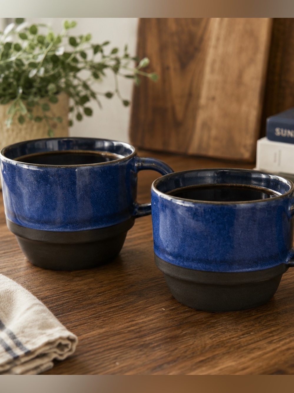 Boston Warehouse Set of 2 Stoneware Dark Blue Stackable Mugs